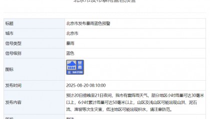 北京发布暴雨蓝色预警：今天傍晚到明天夜间有雷阵雨
